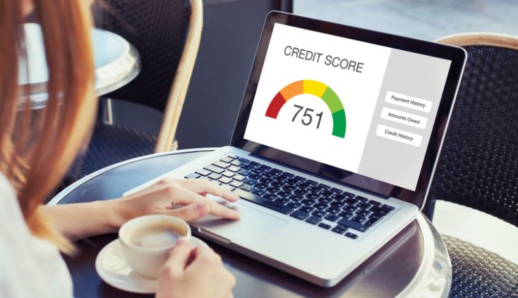 A person looking at a credit score report on a laptop.