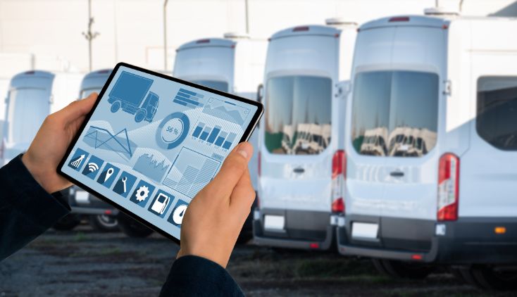 Hands holding a tablet showing graphs and charts, in front of white cargo vans.