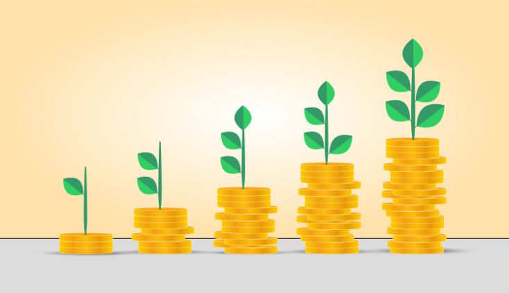 A digital image of stacks of coins getting larger from the left to right. There are tiny plants growing out of them.